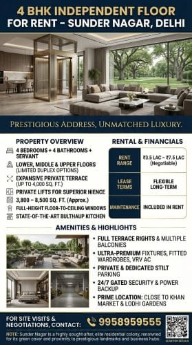 Sunder Nagar 4 BHK WITH TERRACE & lift, opposite park, available for immediate occupation, call 9958959555